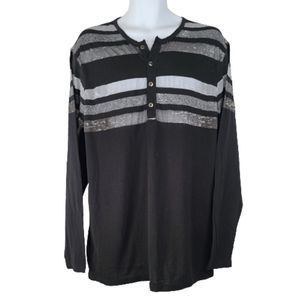 Retrofit XL Henley Shirt Black Gray Long Sleeve Sheer Pullover Button Down